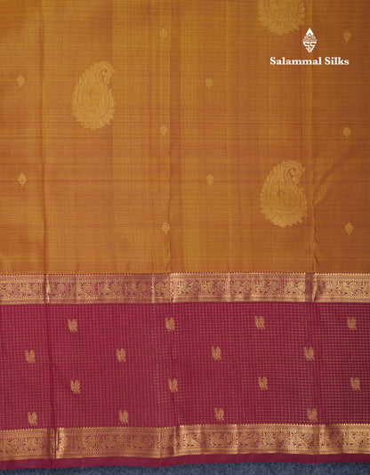 Dual Tone Mustard Yellow Pure Kanjivaram Silk Saree With Contrast Dark Maroon Vaira Oosi Tiny Checks With Traditional Butta Border