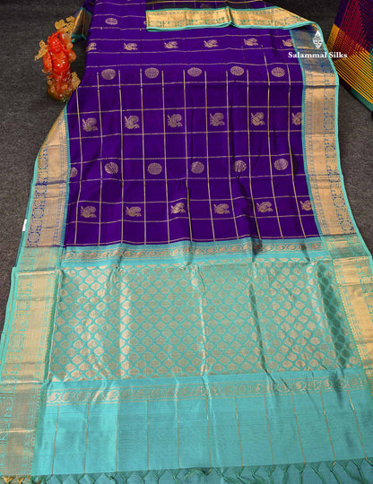 Pure Silk Cotton Saree - Violet Checks With Traditional Butta Along With Contrast Sapphire Blue Traditional Border