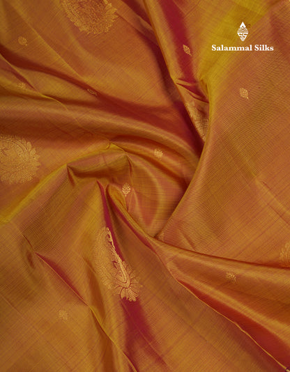 Dual Tone Mustard Yellow Pure Kanjivaram Silk Saree With Contrast Dark Maroon Vaira Oosi Tiny Checks With Traditional Butta Border