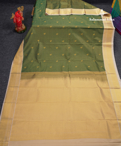Beautiful Bottle Green Tiny Vaira Oosi Checks With Butta Semi Silk Saree With Contrast Cream Sandal Traditional Border