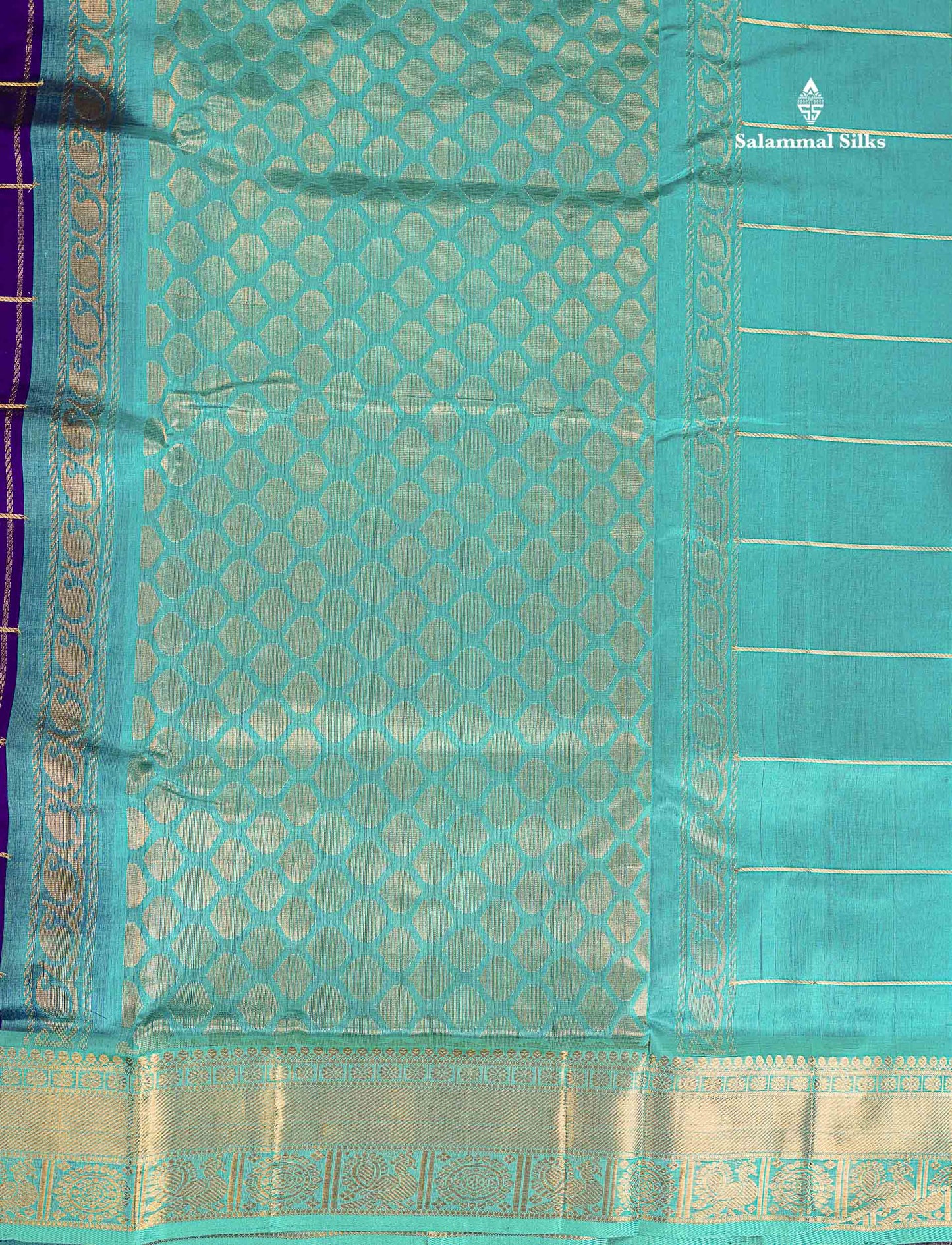 Pure Silk Cotton Saree - Violet Checks With Traditional Butta Along With Contrast Sapphire Blue Traditional Border