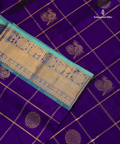 Pure Silk Cotton Saree - Violet Checks With Traditional Butta Along With Contrast Sapphire Blue Traditional Border
