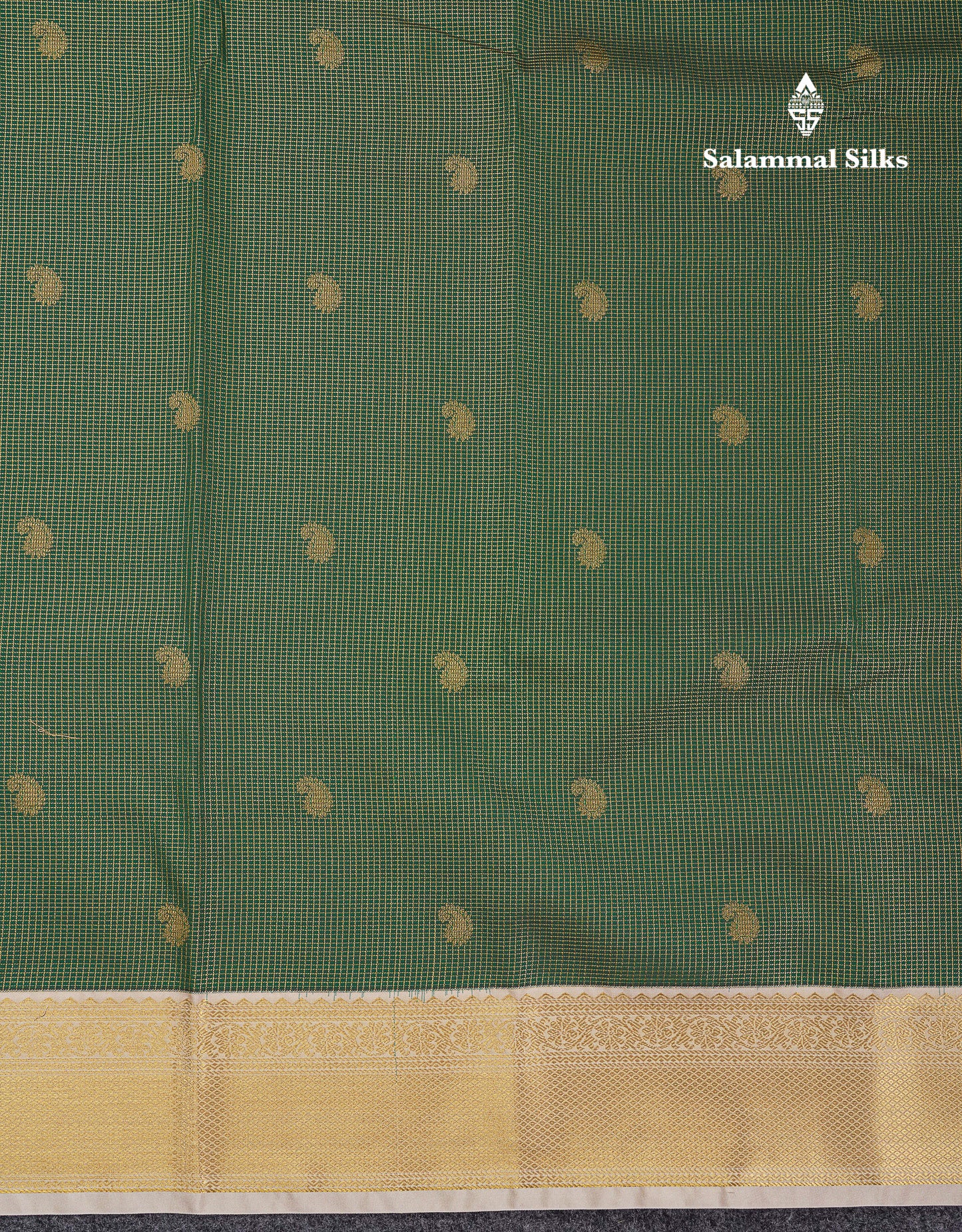 Beautiful Bottle Green Tiny Vaira Oosi Checks With Butta Semi Silk Saree With Contrast Cream Sandal Traditional Border