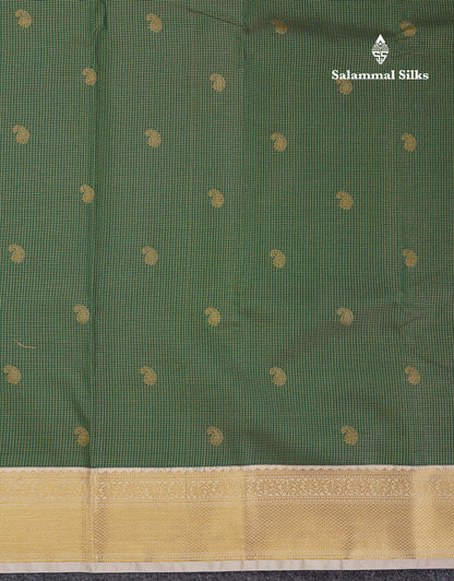Beautiful Bottle Green Tiny Vaira Oosi Checks With Butta Semi Silk Saree With Contrast Cream Sandal Traditional Border