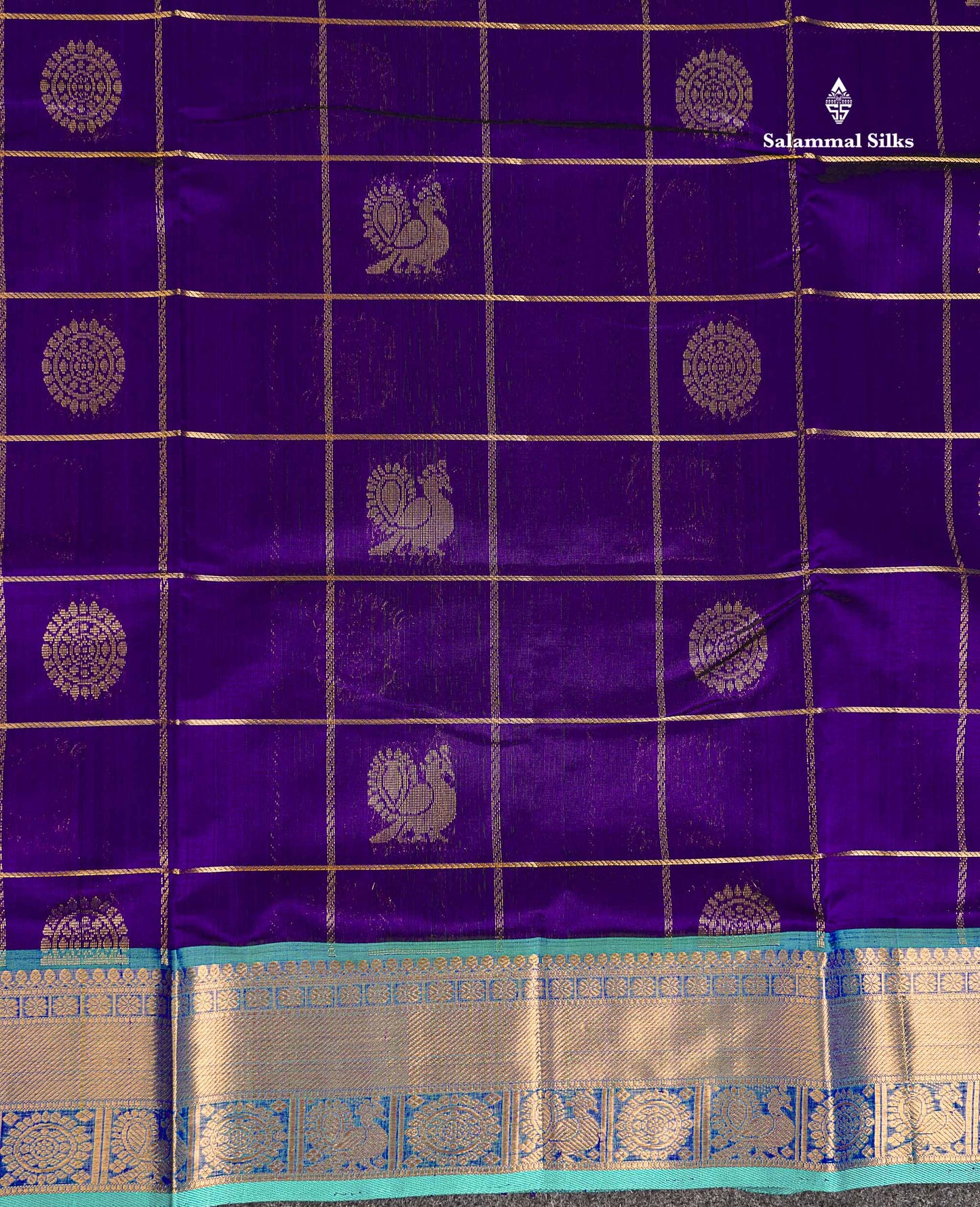 Pure Silk Cotton Saree - Violet Checks With Traditional Butta Along With Contrast Sapphire Blue Traditional Border