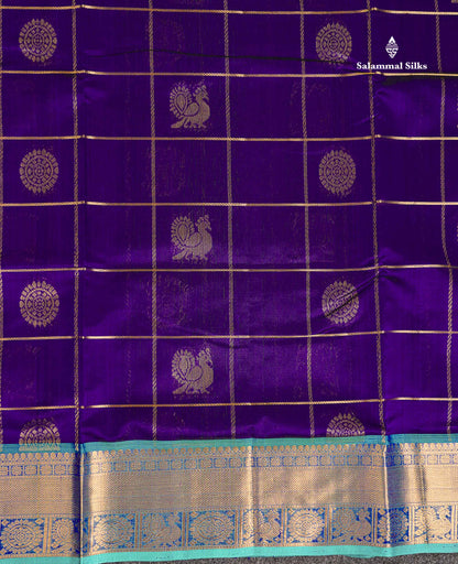 Pure Silk Cotton Saree - Violet Checks With Traditional Butta Along With Contrast Sapphire Blue Traditional Border