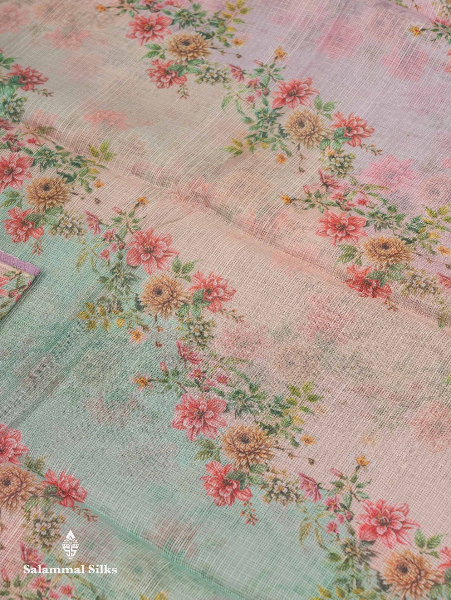 Beautiful Multicolour Floral Design Kota Cotton Mix Fancy Saree With Contrast Bottle Green Blouse