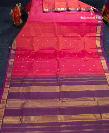 Dual Tone Pink Pure Kanjivaram Silk Saree With Contrast Magenta Traditional Small Border