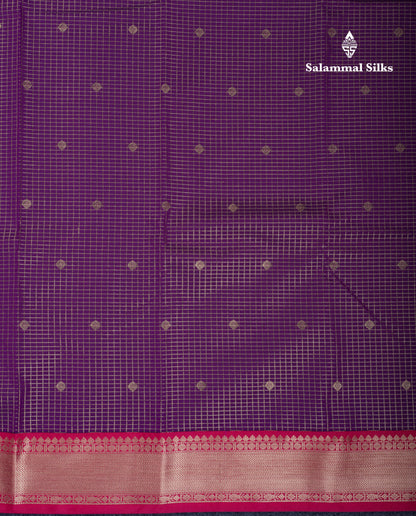 Beautiful Dark Purple Small Checks Semi Silk Saree With Contrast Pink Traditional Medium Border