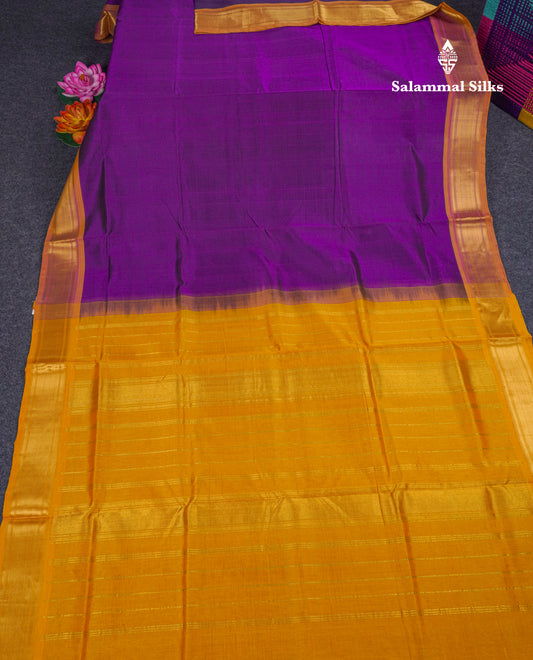 Violet Plain Pure Silk Cotton Saree With Contrast Mustard Yellow Blouse