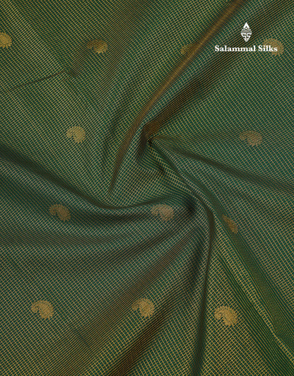Beautiful Bottle Green Tiny Vaira Oosi Checks With Butta Semi Silk Saree With Contrast Cream Sandal Traditional Border