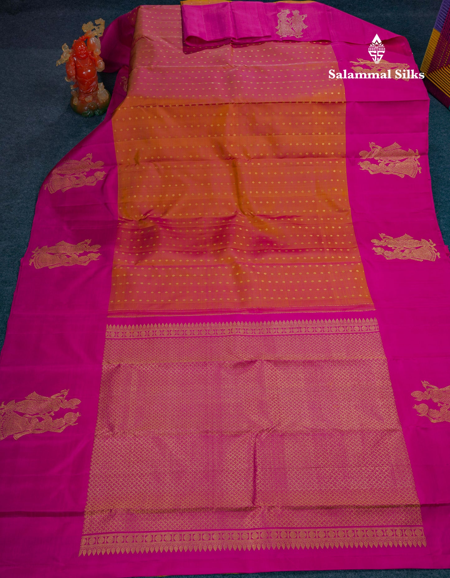 Dual Tone Pinkish Orange Pure Kanjivaram Silk Saree With Contrast Magenta Pink Radha Krishna Fancy Border
