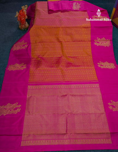 Dual Tone Pinkish Orange Pure Kanjivaram Silk Saree With Contrast Magenta Pink Radha Krishna Fancy Border