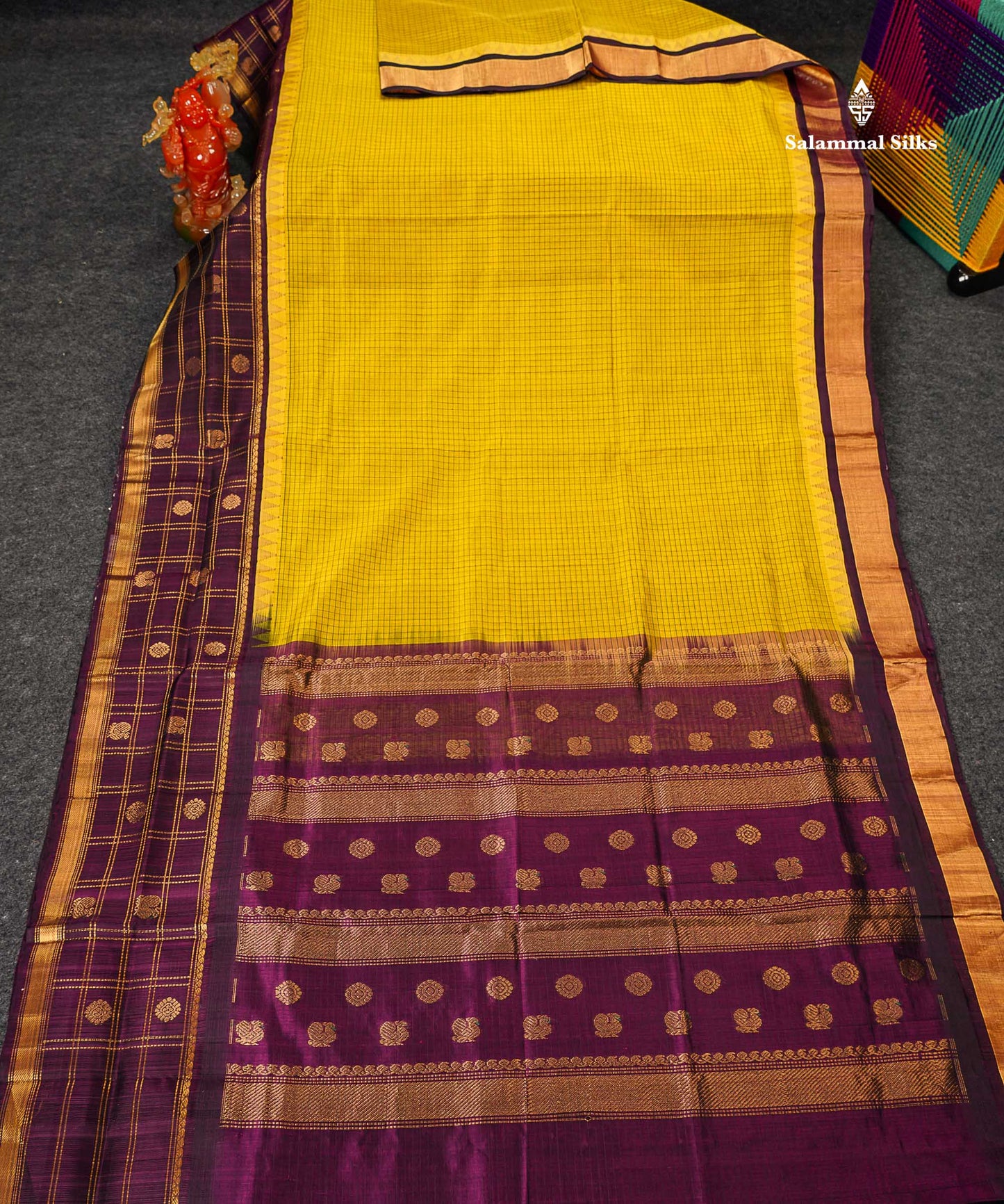 Pure Silk Cotton Saree - Dual Tone Yellow Small Checks Along With Contrast Magenta Traditional Evening Morning Border
