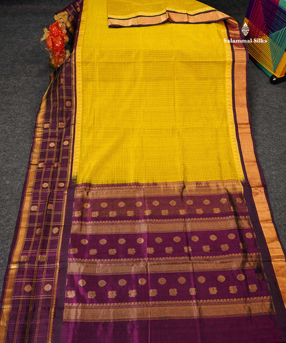 Pure Silk Cotton Saree - Dual Tone Yellow Small Checks Along With Contrast Magenta Traditional Evening Morning Border