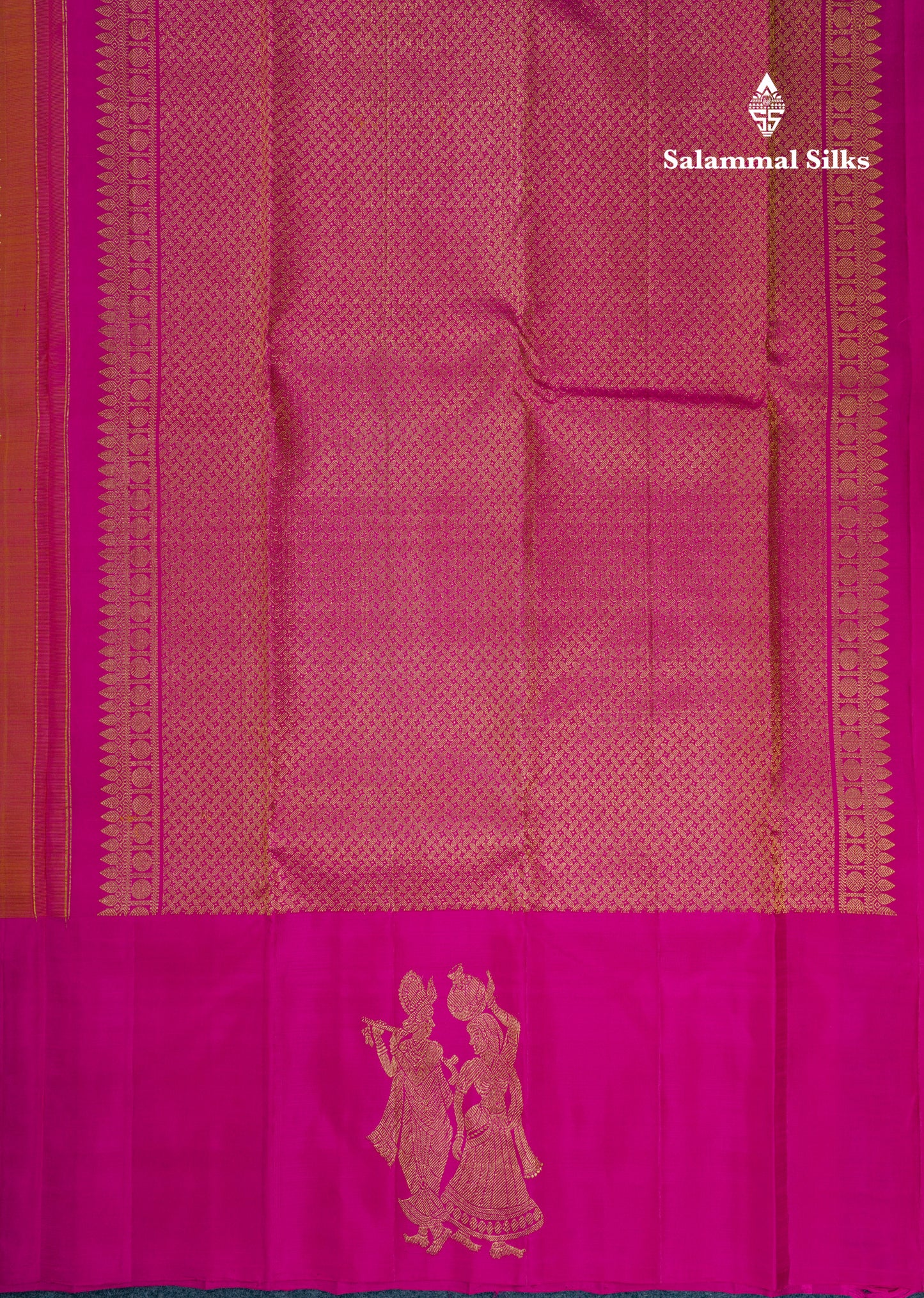 Dual Tone Pinkish Orange Pure Kanjivaram Silk Saree With Contrast Magenta Pink Radha Krishna Fancy Border