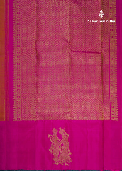 Dual Tone Pinkish Orange Pure Kanjivaram Silk Saree With Contrast Magenta Pink Radha Krishna Fancy Border