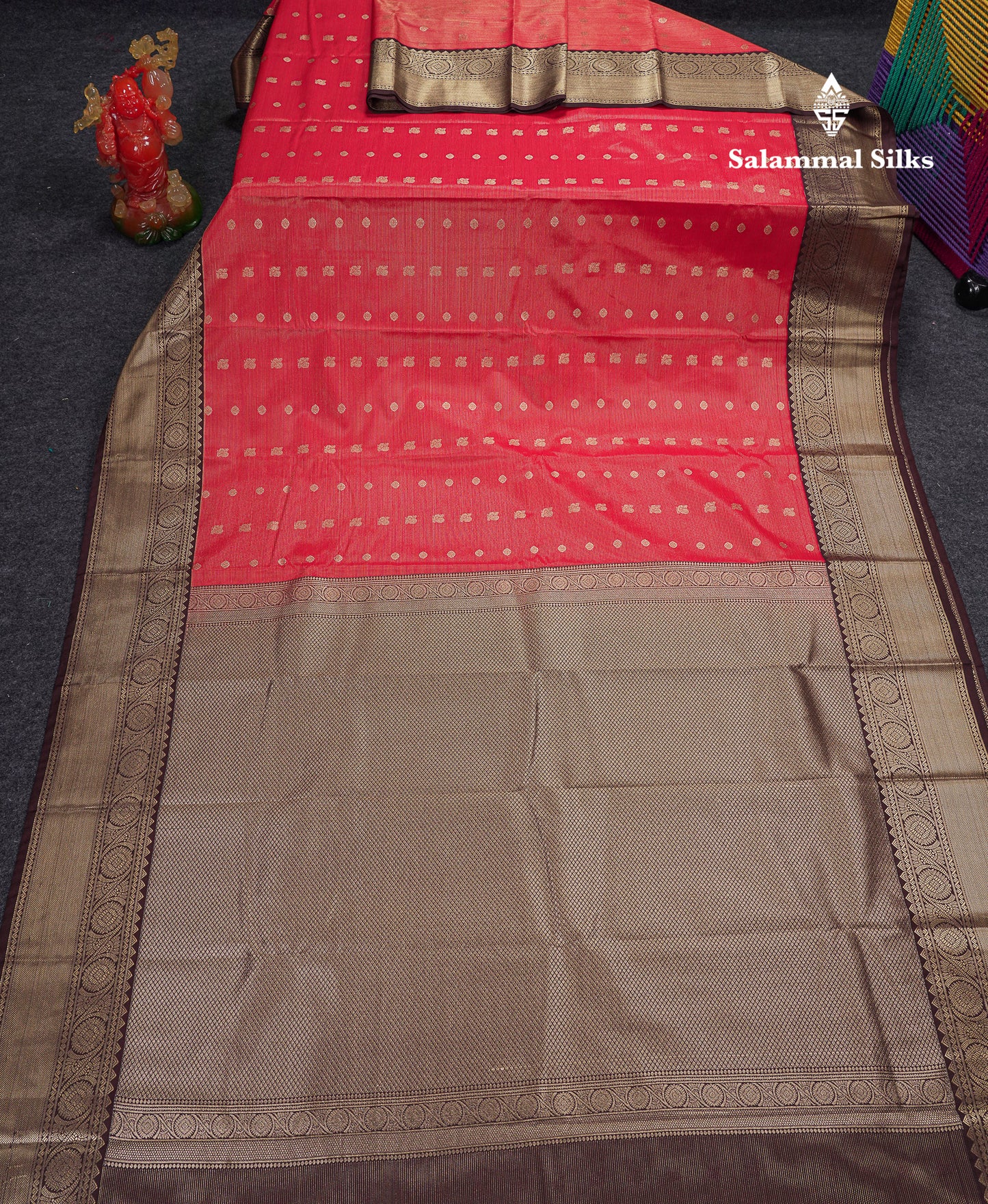 Beautiful Pink Vaira Oosi With Butta Semi Silk Saree With Contrast Dark Brown Traditional Border