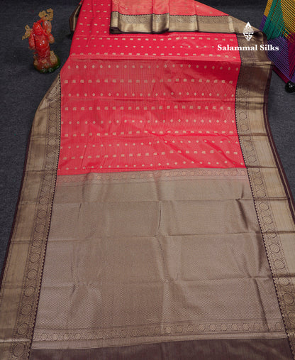 Beautiful Pink Vaira Oosi With Butta Semi Silk Saree With Contrast Dark Brown Traditional Border