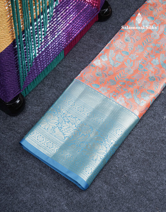 Semi Silk Pattu Pavadai Tissue (Orange) With Blue Blouse 37"