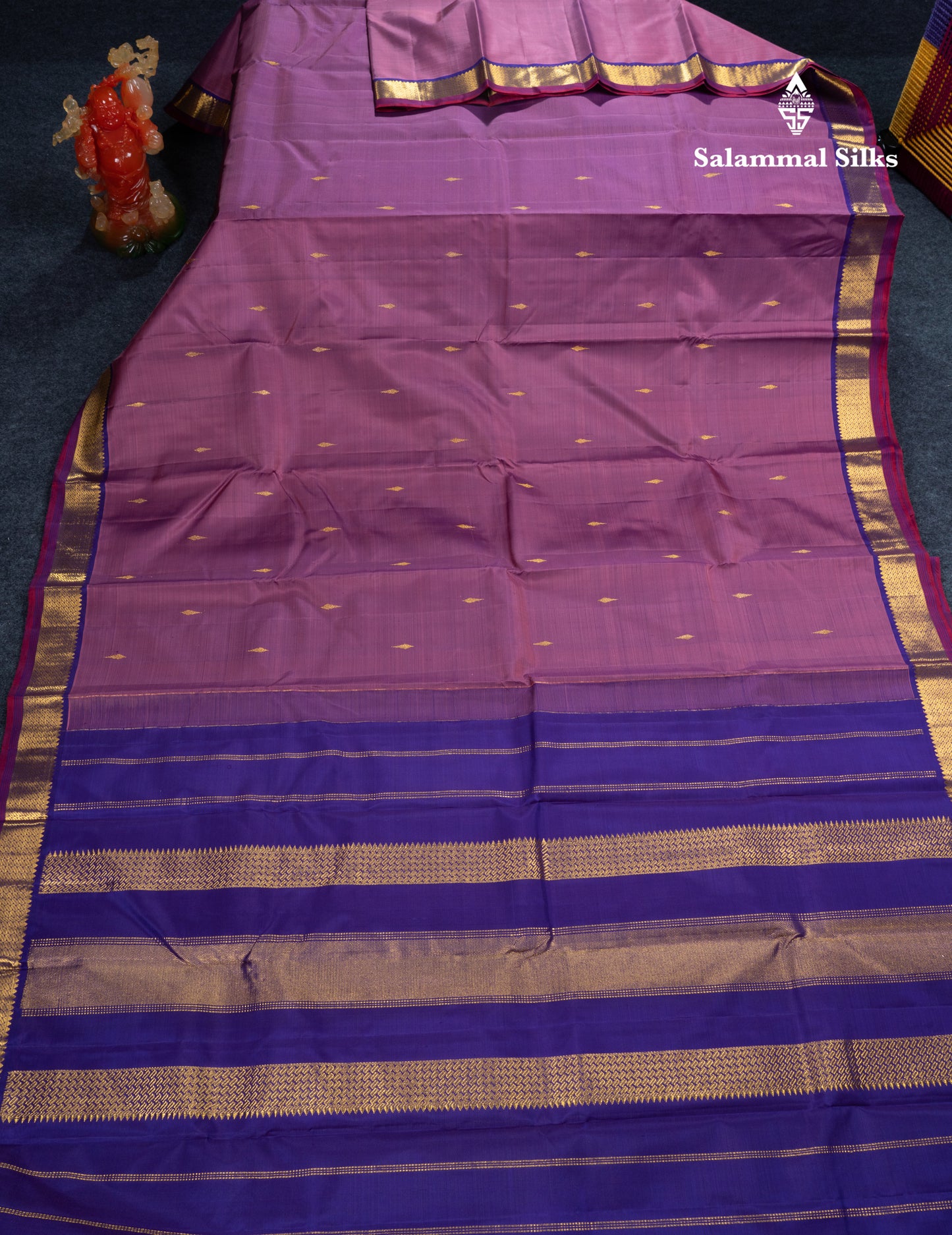 Mustard Yellow Pure Kanjivaram Silk Saree With Contrast Dark Purple Small Traditional Border