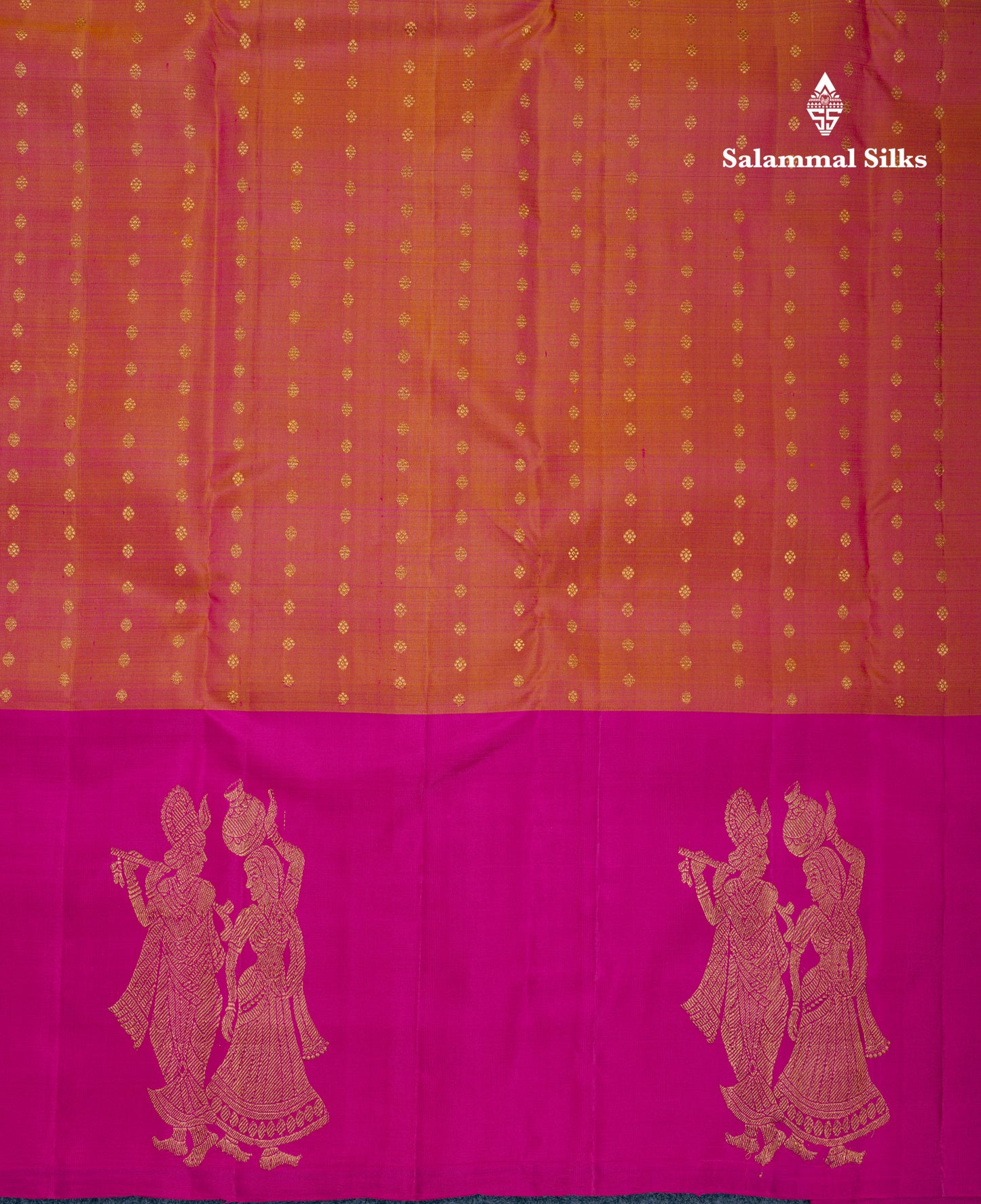 Dual Tone Pinkish Orange Pure Kanjivaram Silk Saree With Contrast Magenta Pink Radha Krishna Fancy Border