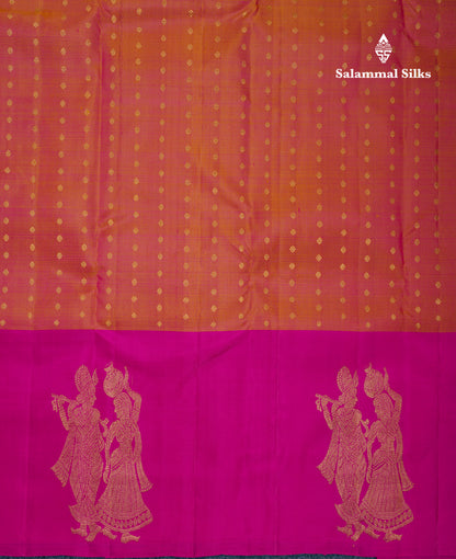 Dual Tone Pinkish Orange Pure Kanjivaram Silk Saree With Contrast Magenta Pink Radha Krishna Fancy Border