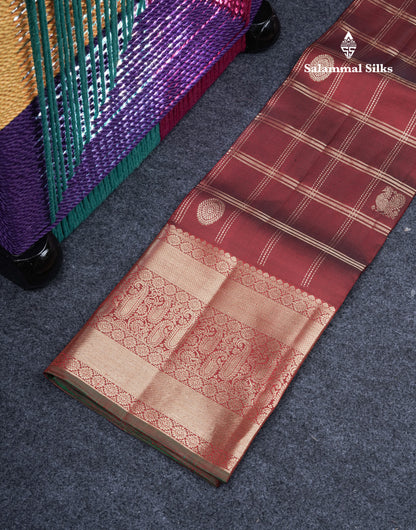 Pure Silk Pattu Pavadai (Maroon) Zari Checks With Bottle Green Blouse 36"