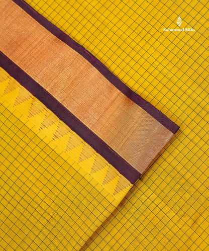 Pure Silk Cotton Saree - Dual Tone Yellow Small Checks Along With Contrast Magenta Traditional Evening Morning Border