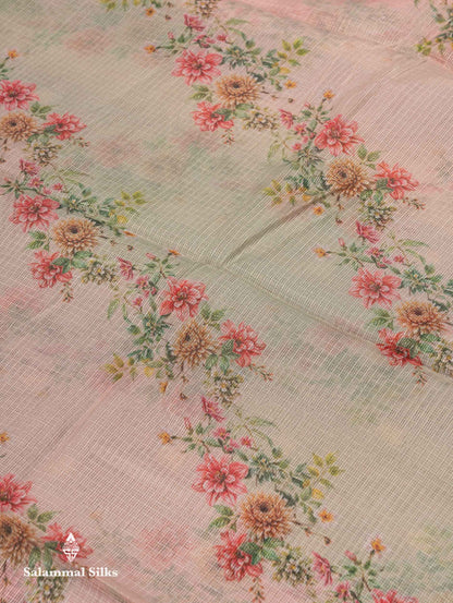 Beautiful Multicolour Floral Design Kota Cotton Mix Fancy Saree With Contrast Bottle Green Blouse