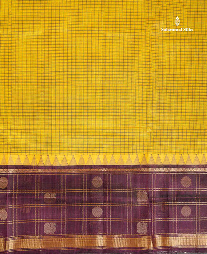 Pure Silk Cotton Saree - Dual Tone Yellow Small Checks Along With Contrast Magenta Traditional Evening Morning Border