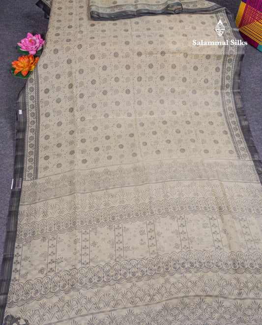 Sandal Colour Floral Print Linen Mix Saree With Black Blouse