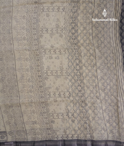 Sandal Colour Floral Print Linen Mix Saree With Black Blouse
