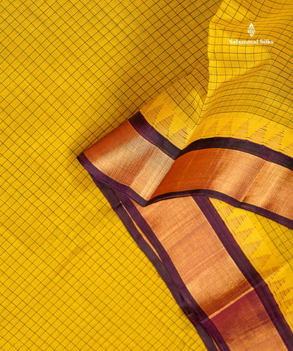 Pure Silk Cotton Saree - Dual Tone Yellow Small Checks Along With Contrast Magenta Traditional Evening Morning Border