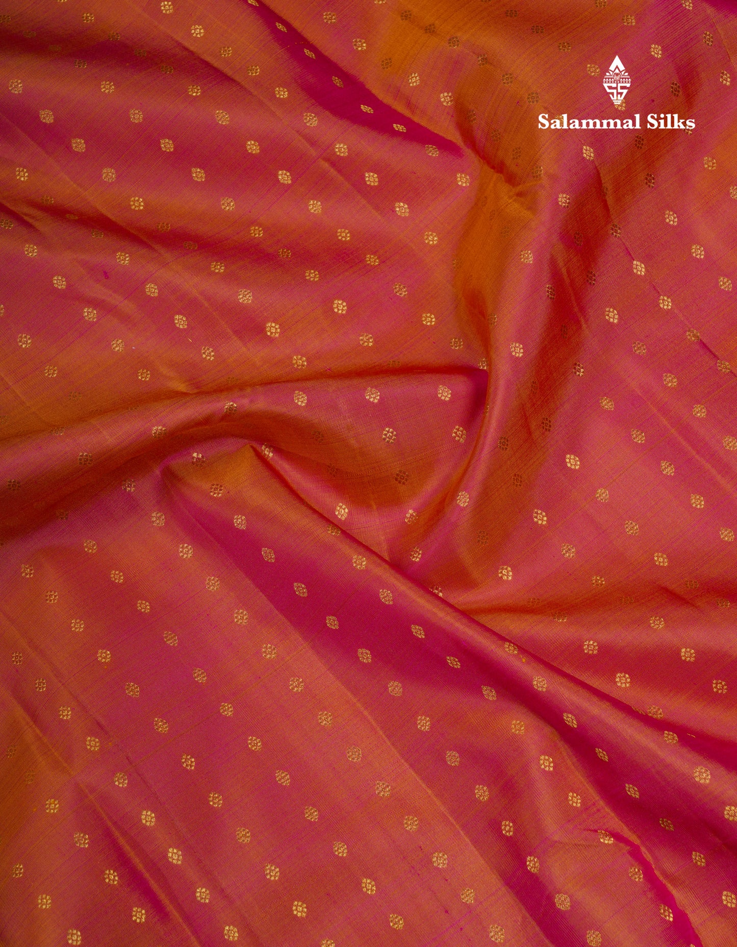 Dual Tone Pinkish Orange Pure Kanjivaram Silk Saree With Contrast Magenta Pink Radha Krishna Fancy Border