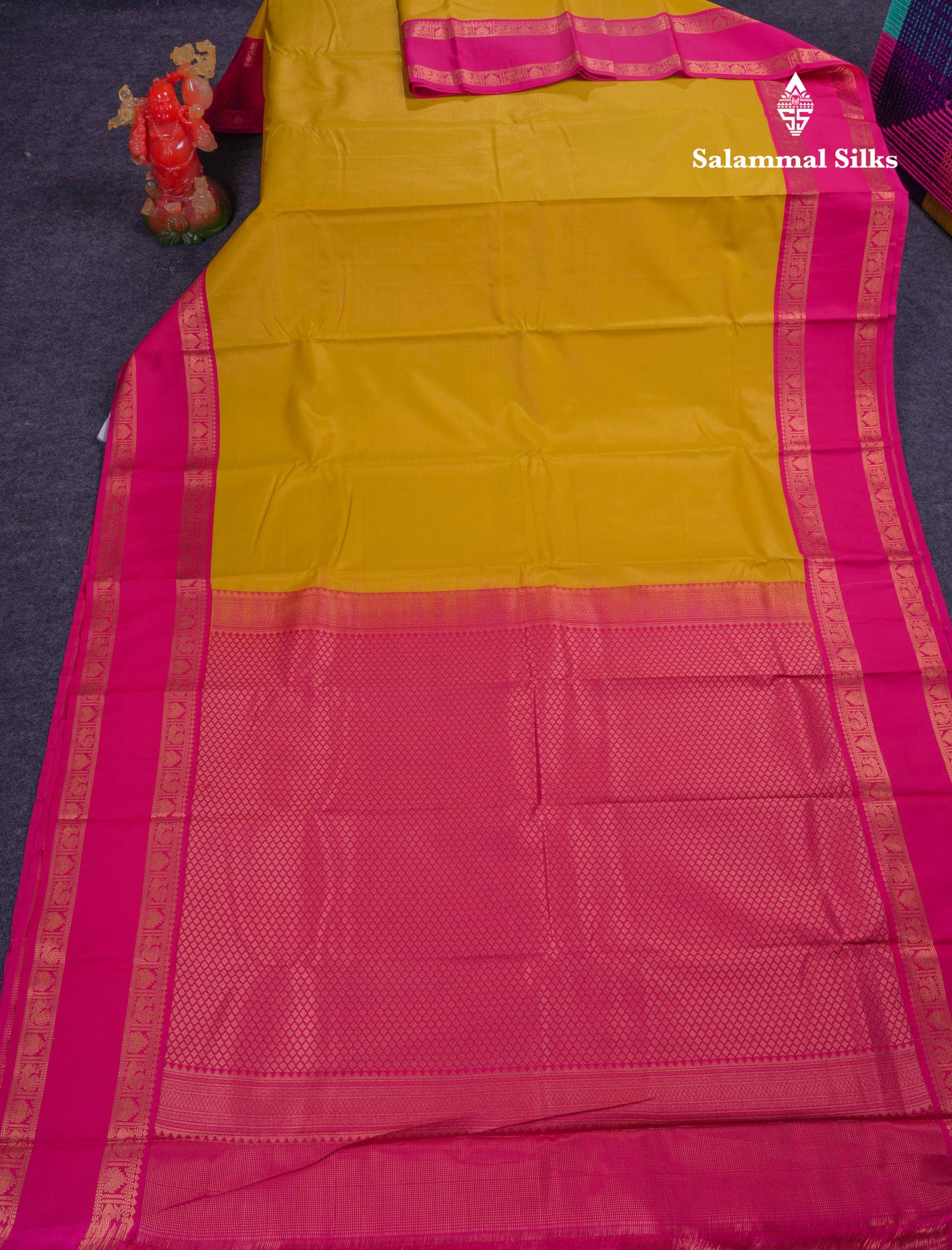 Beautiful Yellow Semi Silk Saree With Contrast Pink Traditional Rettapet Border