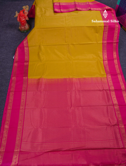 Beautiful Yellow Semi Silk Saree With Contrast Pink Traditional Rettapet Border
