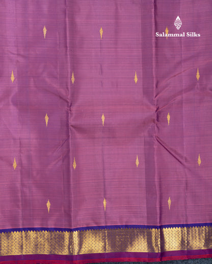 Mustard Yellow Pure Kanjivaram Silk Saree With Contrast Dark Purple Small Traditional Border