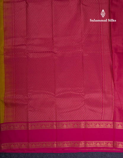 Beautiful Yellow Semi Silk Saree With Contrast Pink Traditional Rettapet Border