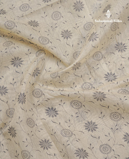 Sandal Colour Floral Print Linen Mix Saree With Black Blouse