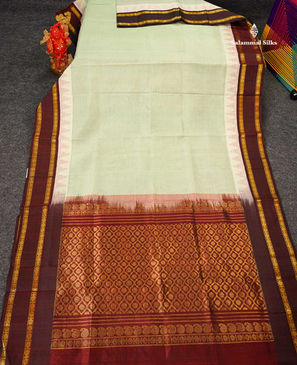 Pure Silk Cotton Saree - Green White Plain Along With Contrast Dark Brown Traditional Rettapet Gap Border
