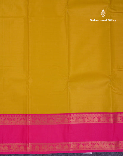 Beautiful Yellow Semi Silk Saree With Contrast Pink Traditional Rettapet Border