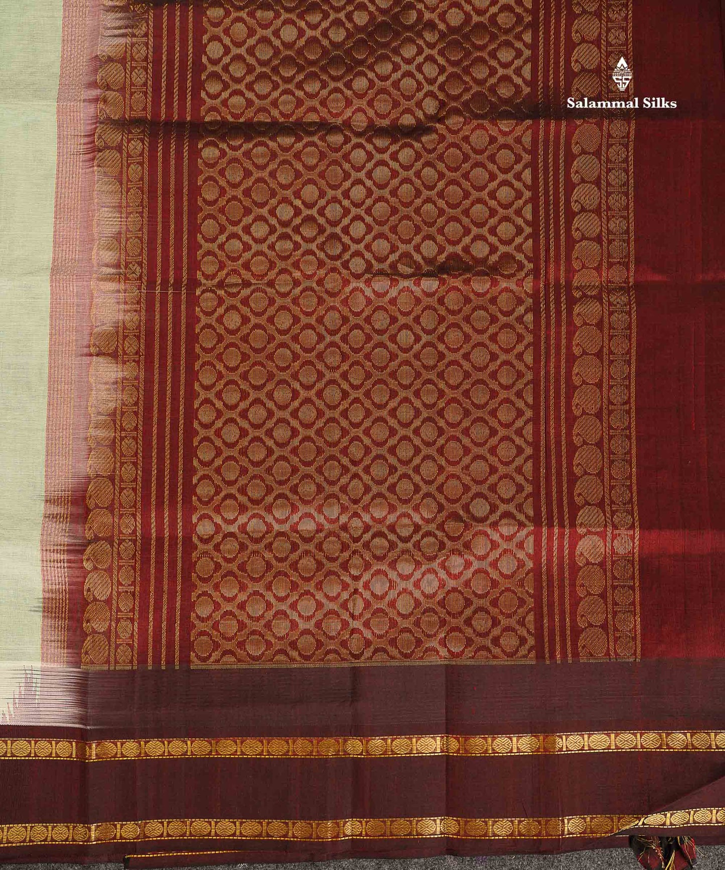 Pure Silk Cotton Saree - Green White Plain Along With Contrast Dark Brown Traditional Rettapet Gap Border