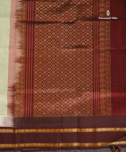 Pure Silk Cotton Saree - Green White Plain Along With Contrast Dark Brown Traditional Rettapet Gap Border