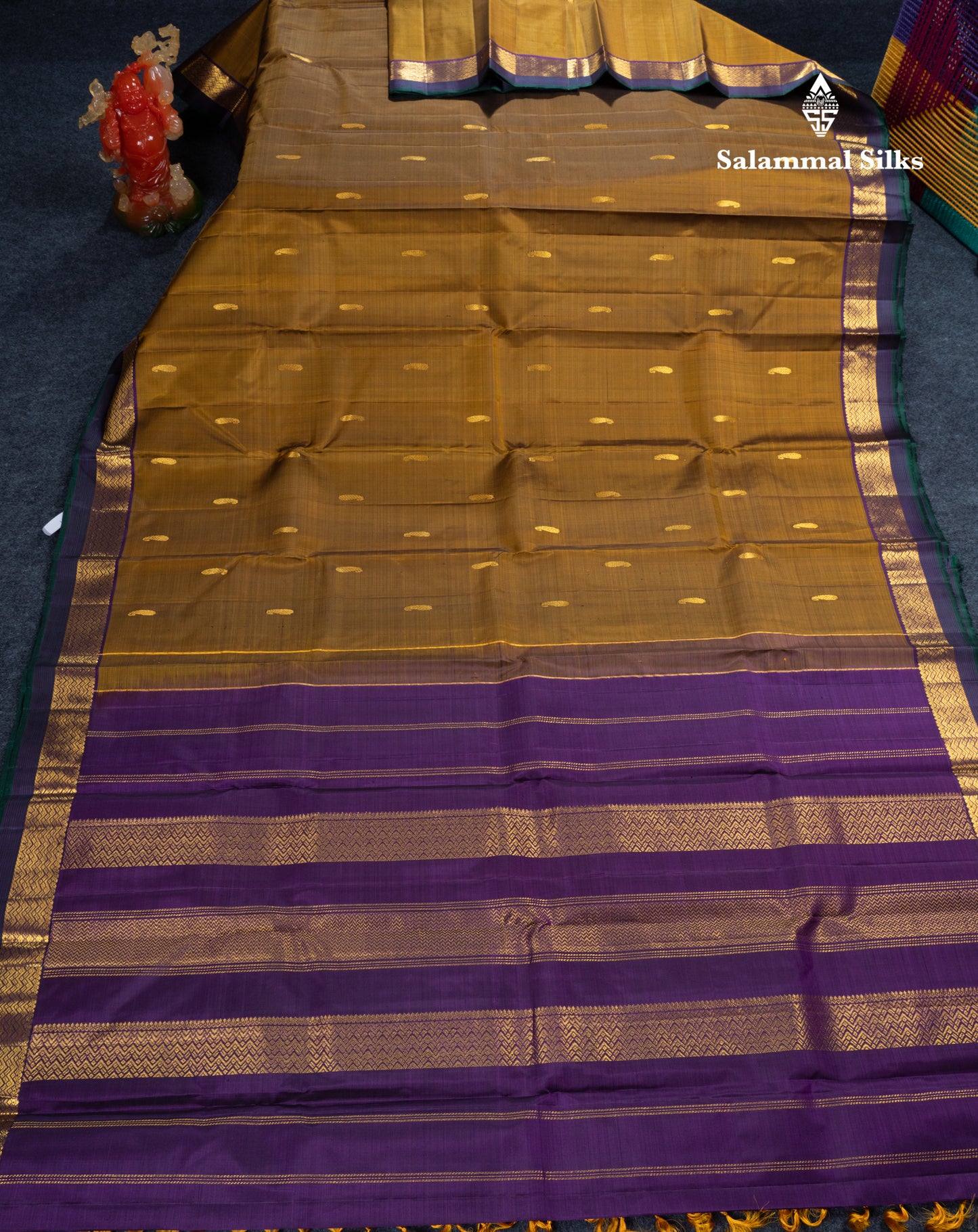 Olive Mustard Yellow Pure Kanjivaram Silk Saree With Contrast Dark Purple Traditional Border