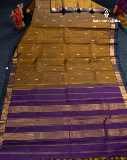 Olive Mustard Yellow Pure Kanjivaram Silk Saree With Contrast Dark Purple Traditional Border
