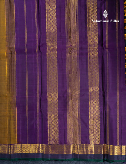 Olive Mustard Yellow Pure Kanjivaram Silk Saree With Contrast Dark Purple Traditional Border