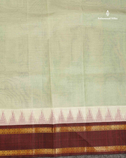Pure Silk Cotton Saree - Green White Plain Along With Contrast Dark Brown Traditional Rettapet Gap Border