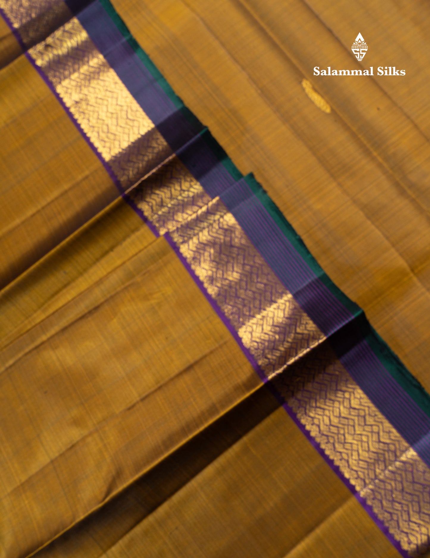 Olive Mustard Yellow Pure Kanjivaram Silk Saree With Contrast Dark Purple Traditional Border