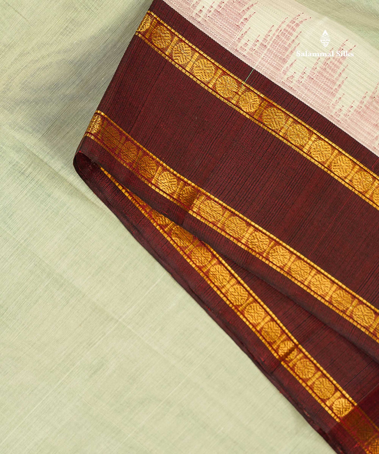 Pure Silk Cotton Saree - Green White Plain Along With Contrast Dark Brown Traditional Rettapet Gap Border